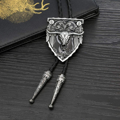 joymiao Leather Bolo Tie Vintage Adjustable Cowboy Neck with Round Silver Pendant Handmade Western Cow Skull Design Necktie