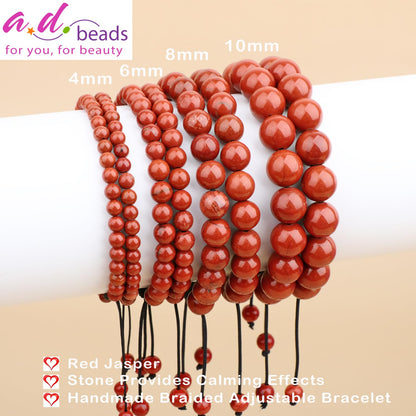 AD Beads 8mm Red Jasper - Stone Pepvodes Calming Effects - Handmade Natural Stone Crystal Bracelet with Adjustable Macrame String - Yoga Healing Power Energy Gifts for Men and Women