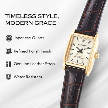 Miykon Gold Vintage Watches for Women - Small Dainty Tank, Square Womens Watch with Brown Genuine Leather Strap - Second Hand, Japanese Quartz, Waterproof to 100ft