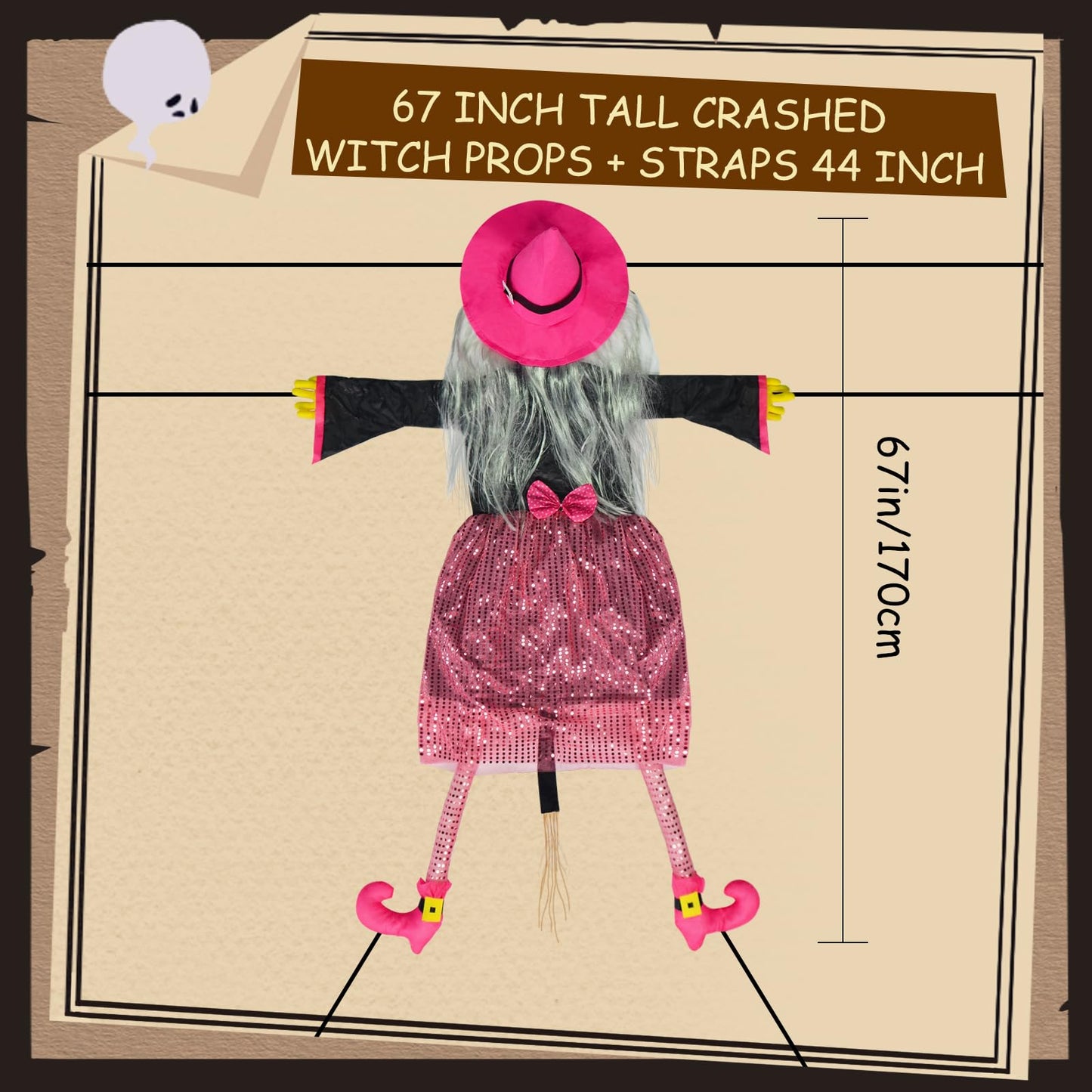 Mewcooss 67" Large Crashing Witch Halloween Decor - Pink Witch Halloween Decor Crashing into Tree Props Halloweens Flying Witches Decoration with Broom for Outdoor Backyard Garden & Lawn
