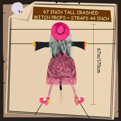 Mewcooss 67" Large Crashing Witch Halloween Decor - Pink Witch Halloween Decor Crashing into Tree Props Halloweens Flying Witches Decoration with Broom for Outdoor Backyard Garden & Lawn