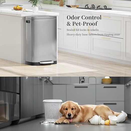 KdbK 13 Gallon Trash Can with Lid, 50L Fingerprint Proof Stainless Steel Kitchen Trash Can with Removable Inner Bucket and Lid Soft Close, Pedal Rubbish Bin for Home Office（Silver）