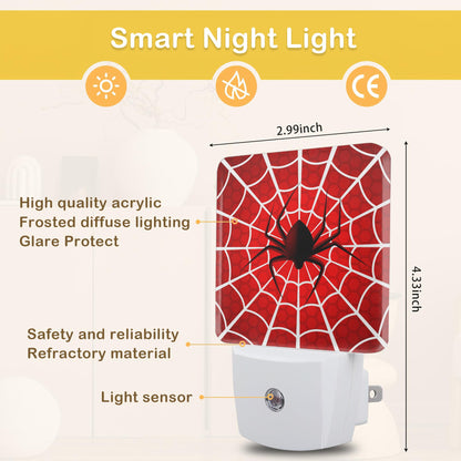 Red Spider Web Night Light with Dusk to Dawn Light Sensors, Plug-in Wall Led Night Lights, Energy Efficient Lamp for Bedroom/Bathroom/Kitchen/Hallway/Stairs