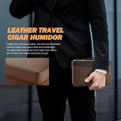 LIHTUN Cigar Humidor, Leather Cedar Wood Travel Cigar Case and Multifunctional in 1 Cigar Lighter Set Portable Travel Humidor Box Cigar Gift for Men (Brown)