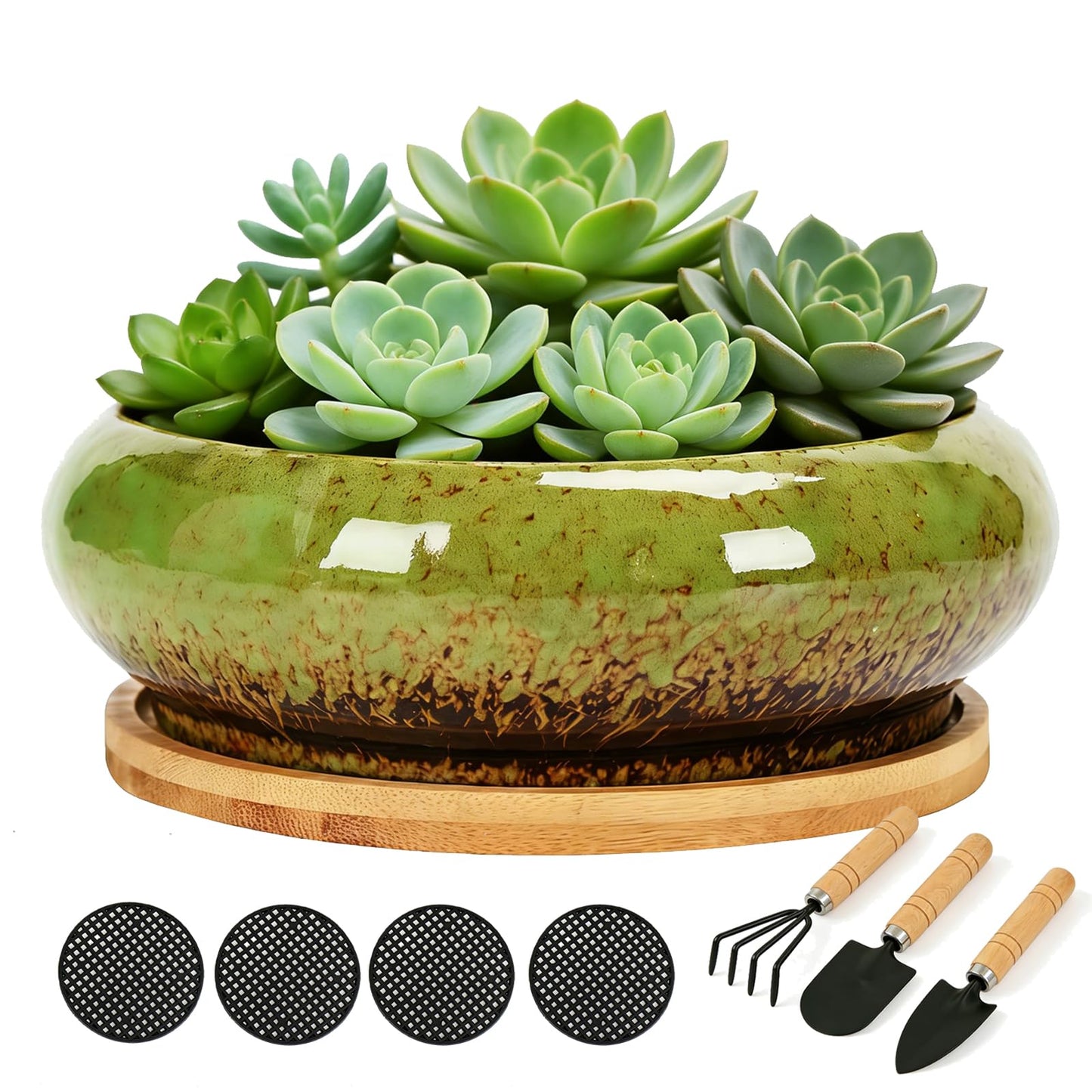 Drzewo 7-Inch Succulent Pots, Succulent Pots with Drainage, Drip Glazed Ceramic Planter with Small Garden Tools, Indoor Succulent Planters for Cactus, Potted Plant,Aloe Vera,Pot for Succulents