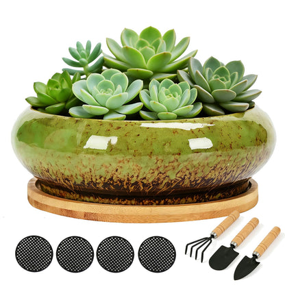 Drzewo 7-Inch Succulent Pots, Succulent Pots with Drainage, Drip Glazed Ceramic Planter with Small Garden Tools, Indoor Succulent Planters for Cactus, Potted Plant,Aloe Vera,Pot for Succulents