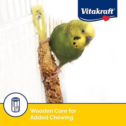 Vitakraft Crunch Sticks Parakeet Treats Golden Honey Flavor – Triple-Baked Snack with Vitamins A D3 E Riboflavin and B12 – Natural Wood Chew Center and Cage Clip Holder – Engaging 2 Stick Pack