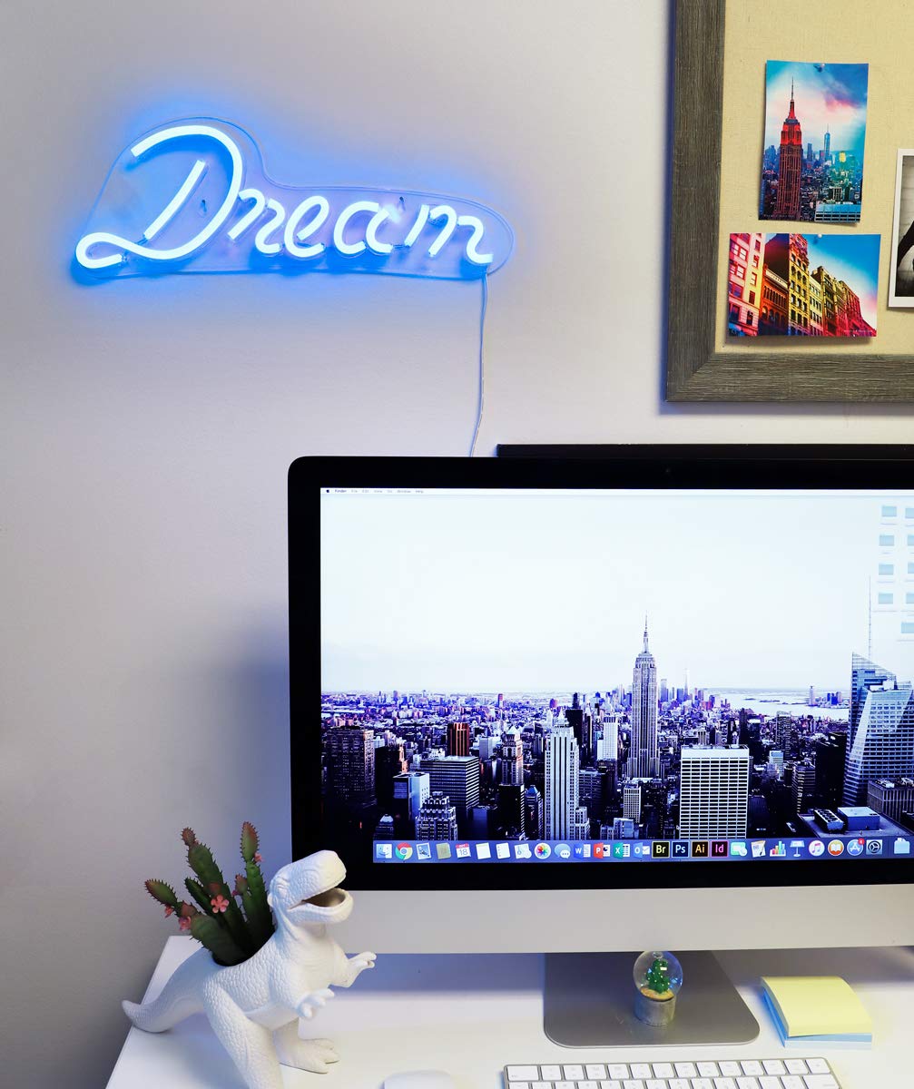 Isaac Jacobs 17" by 6" inch LED Neon Blue “Dream” Wall Sign For Cool Light, Wall Art, Bedroom Decorations, Home Accessories, Party, and Holiday Decor: Powered by USB Wire (DREAM)