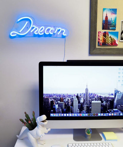 Isaac Jacobs 17" by 6" inch LED Neon Blue “Dream” Wall Sign For Cool Light, Wall Art, Bedroom Decorations, Home Accessories, Party, and Holiday Decor: Powered by USB Wire (DREAM)