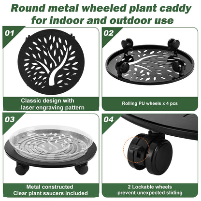 DEELF OUTLET 3 Packs Metal Plant Caddy with Wheels 13" Large Rolling Plant Stands Wheeled Plant Dolly Heavy-Duty Flower Pot Roller Base Movers, Black