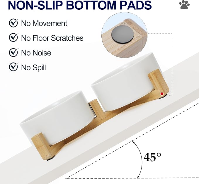 Dog Food Bowl, 13.5 oz Ceramic Modern Design, Dog Water and Food Bowl with Wood Stand, for Puppy & Cat, Non-Slip Feeding Station with Weighted Base, White