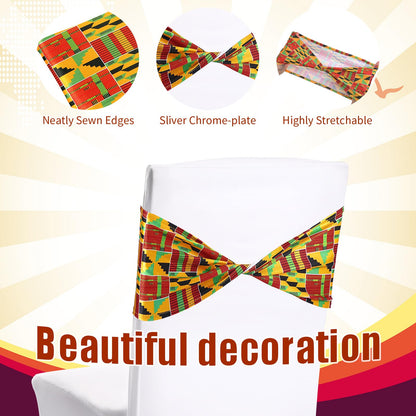 Newwiee 48 Pcs African Kente Chair Sashes Spandex African Kente Chair Covers Animal Print Elastic Chairs Sashes Bow Polyester Bands Ties Without Buckle for Animal Safari Theme Party Birthday Decor