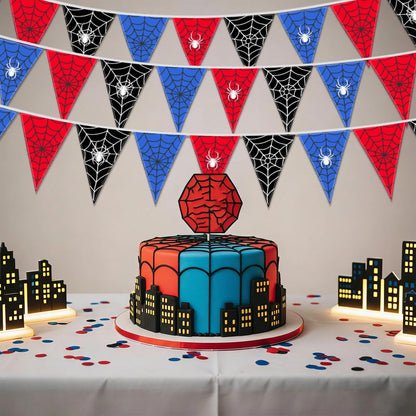 Gilprop 49.2 Ft / 60 Pieces Spider Web Party Decorations Pennant Banner Triangle Flags Garland Bunting Banner for Birthday Gender Reveal Wedding Baby Shower Decor Supplies (Red Blue Black)