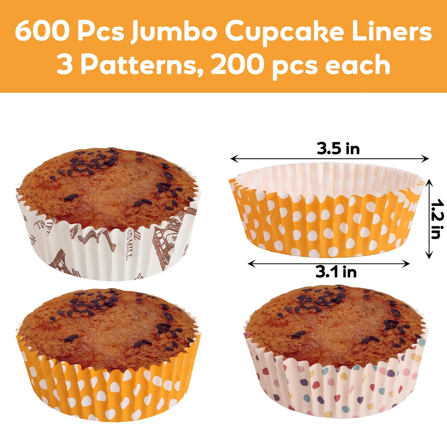 YOUEON 600 Pcs 3.5 In Jumbo Cupcake Liners Greaseproof, 6 Oz Large Paper Baking Cups Non-Stick, Jumbo Muffin Liners for Muffins, Cupcakes, Brownie, Quiche, Mini Snacks, Recyclable, 3 Pattern