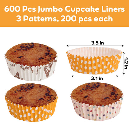 YOUEON 600 Pcs 3.5 In Jumbo Cupcake Liners Greaseproof, 6 Oz Large Paper Baking Cups Non-Stick, Jumbo Muffin Liners for Muffins, Cupcakes, Brownie, Quiche, Mini Snacks, Recyclable, 3 Pattern