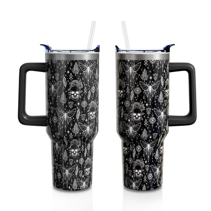 Aokoyi Goth Skull 40oz Tumbler Cup with Handle and Straw, Black Witch Gifts for Women Men, Gothic Holiday Stainless Steel Insulated Water Bottle 1PC