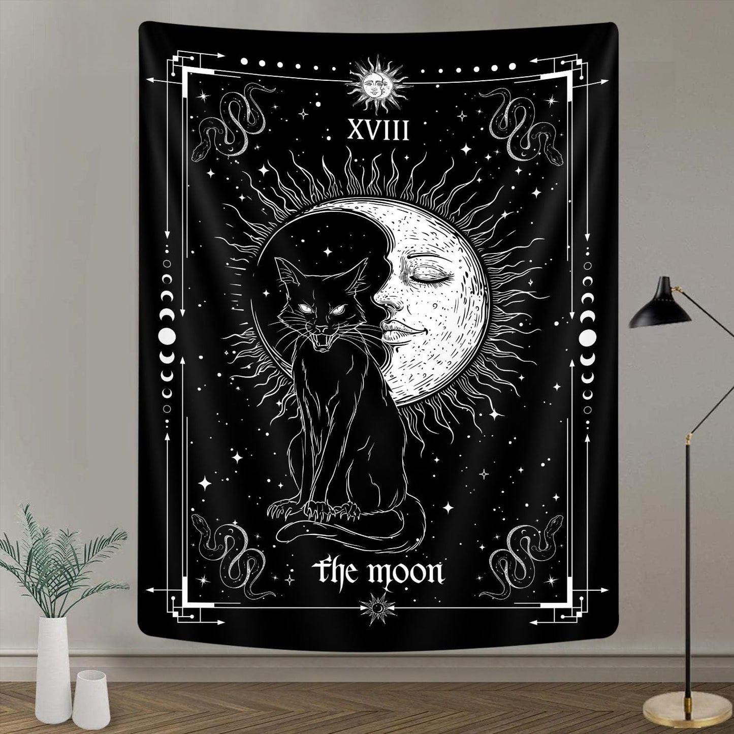 Gothic Black Cat Vertical Tapestry, Witchy Black and White Tarot Card Wing Bat Cat Cool Tapestries for Men, Moon Phases Aesthetic Anime Witchcraft Satanic Art Tapestry Wall Hanging for Bedroom Living Room Poster, 40X60Inch
