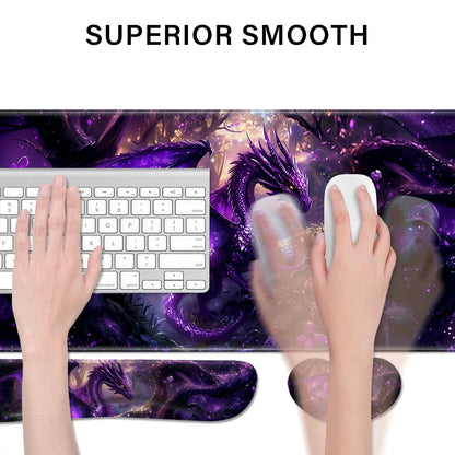 Desk Pad and Keyboard Wrist Rest, Large Mouse Pad + Keyboard Pad+Mouse Wrist Support, Non-Slip Desk Mat Protector for Office, Home 31.5×11.8 Inches Anime Dragon