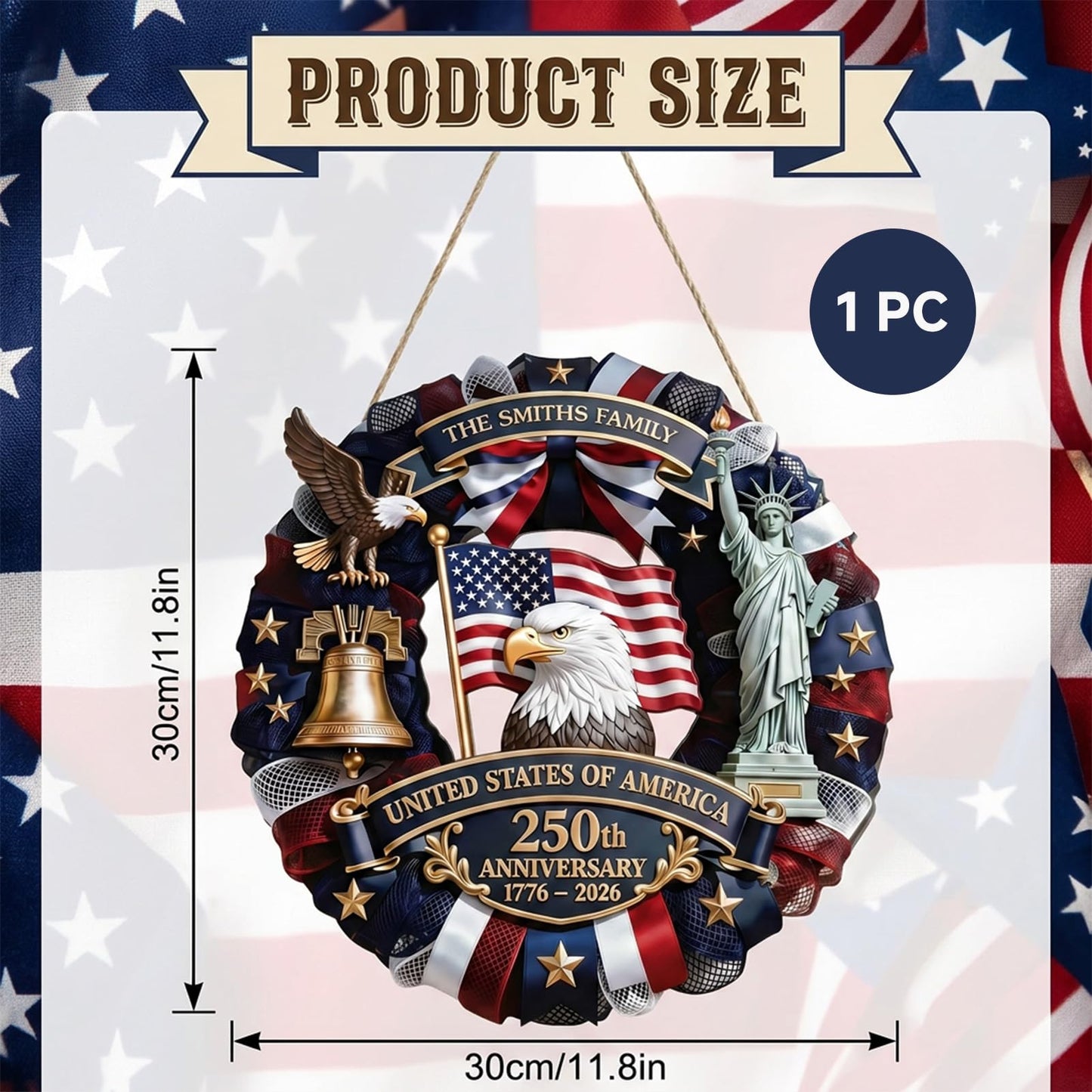 250 Anniversary USA Wreath, Wooden Eagle Door Sign 177-2026 Patriotic Front Door Decor for 4th of July Independence Day Home Porch Wall, 11.8 Inch
