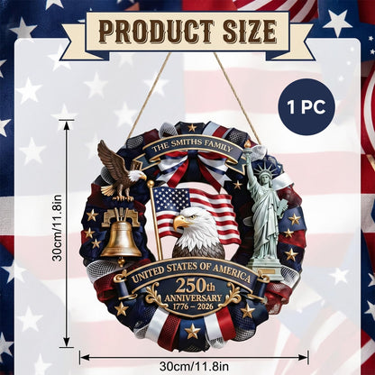 250 Anniversary USA Wreath, Wooden Eagle Door Sign 177-2026 Patriotic Front Door Decor for 4th of July Independence Day Home Porch Wall, 11.8 Inch