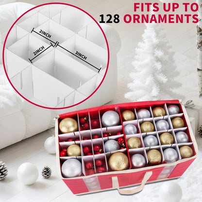 DIMESHY Large Christmas Ornament Storage Box With Adjustable Dividers,Ornament Storage Container with Two Handlesfor 128 Holiday Decorations,Red