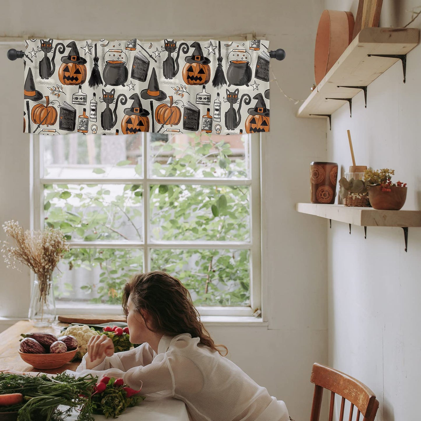 Halloween Curtains Valance for Bedroom Living Room, Pumpkin with Witch Hat Valance for Window , Curtains & Drapes Rod Pocket Black Cat Valances for Kitchen Window Curtains Over Sink 54x18in,1 Panel
