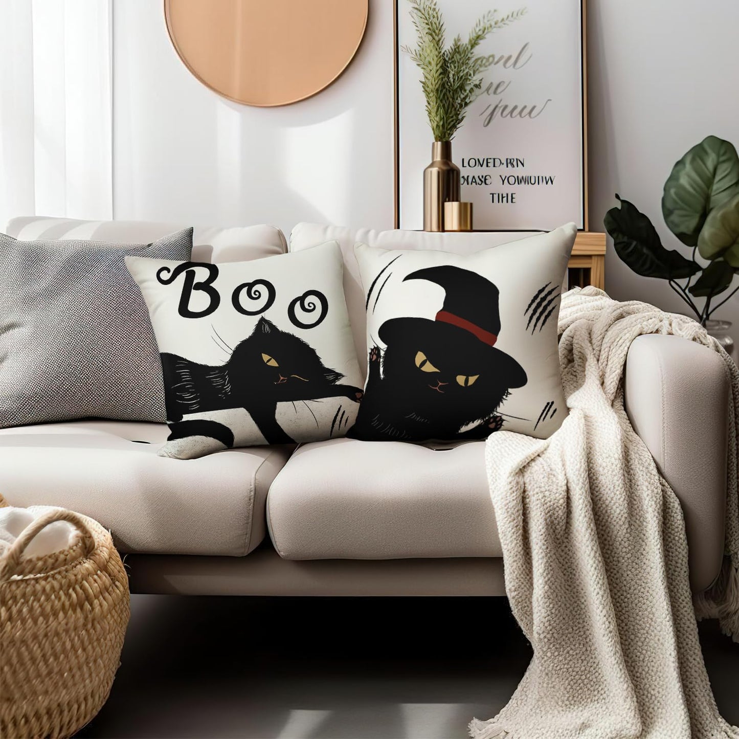 Cryfox Witch Cat Halloween Pillow Covers 18x18 Inch Set of 2 Black Boo Throw Pillows Cover Cute Holiday Pillow Cushion Case for Home Sofa Decorations