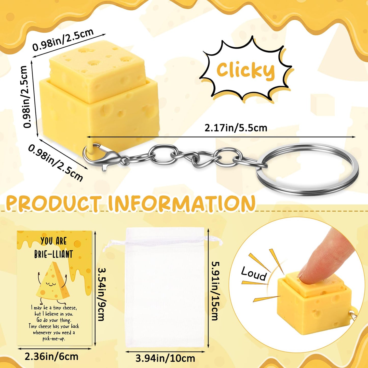Gerrii 24 Sets Cheese Clicker Fidget Keychains Bulk Graduation Gifts 3D Sensory Clicker Fidget Toys Inspirational Cheese Keychains with Cards for Teacher Student Nurse Coworker Office Staff Favors