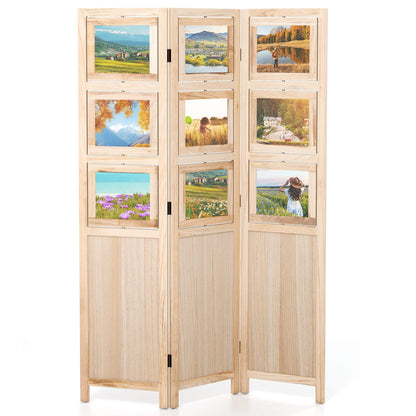 Giantex 3 Panel Room Divider with 9 Rotating Picture Frames, 67'' Folding Privacy Screen for Photo Display, Freestanding Wood Wall Partition for Room Separation, Bedroom, Office, Natural