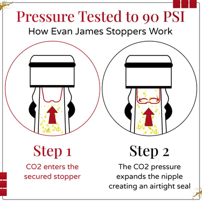 Wine Stopper & Champagne Stopper All In One - Patented Seal, Preserves Bubbles & Taste for Prosecco, White and Red Wines. 1 Pro Grade Evan James Bottle Stopper With Hanging Gift Box