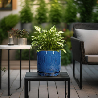Eightpot Ceramic Planter - 8 Inch Plant Pot Indoor with Drainage Holes and Saucer Round Planter Outdoor Mid-Century Modern Flower Pot Succulent Pot for Home Decor Blue