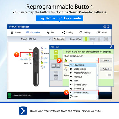 Norwii Rechargeable Bluetooth Presentation Clicker, Wireless Presenter, PowerPoint Presentation Remote with Pointer, Slide Clicker with 328ft Range for Teacher and Presenter, macOS Applicable