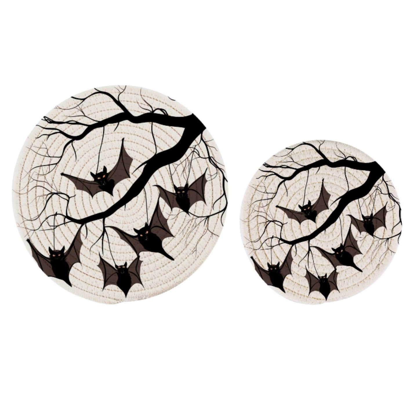 Peystean 2 Pcs Kitchen Decor Woven Potholders Trivets Set, Bats Hanging on Tree Branch Halloween Round Hot Mats Coasters Placemats,for Cooking Baking Hot Dish Pan Pot Bowl Teapot(7"&9")