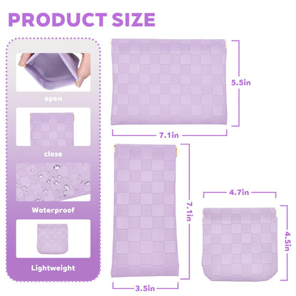 3PCS Small Makeup Bag for Women, Mini Cosmetic Bags Leather Pocket Pouch Purse,Snap Closure Waterproof Portable Bag,Checkered Storage Travel Bag for Lipstick Change Glasses Coin Cards (Purple)