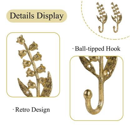 SOFFEE DESIGN 2PCS Golden Bellflower Hooks, Spring Blossom Robe Holders, Floral Bathroom Accessories with Curved Stem