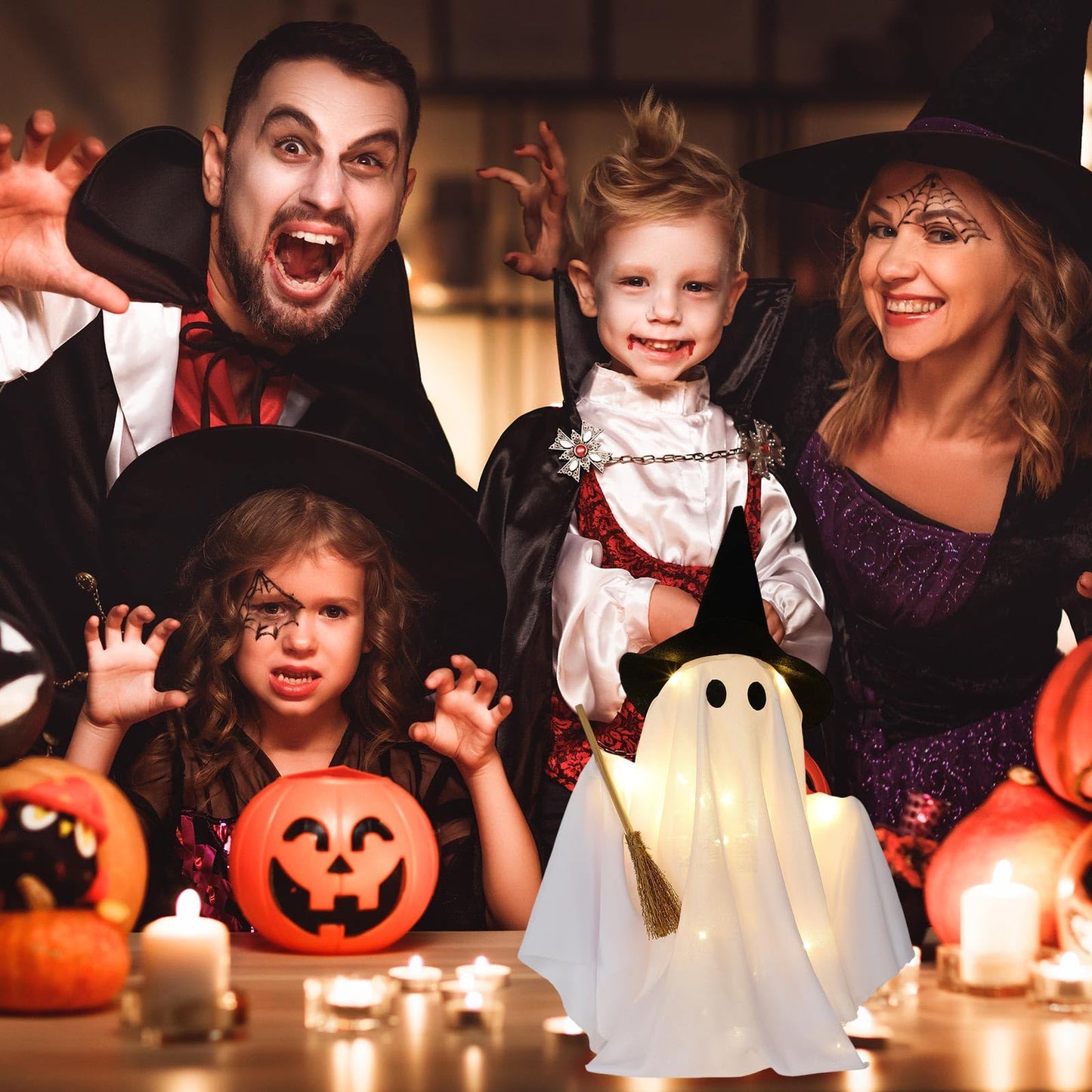 Leinuosen Light Up Disco Ghosts Halloween Decorations Indoor Spooky Ghosts with String Lights Witch Hats Broom Halloween Table Decor for Home Party Table Mantel Room Kitchen Haunted House (Fabric)