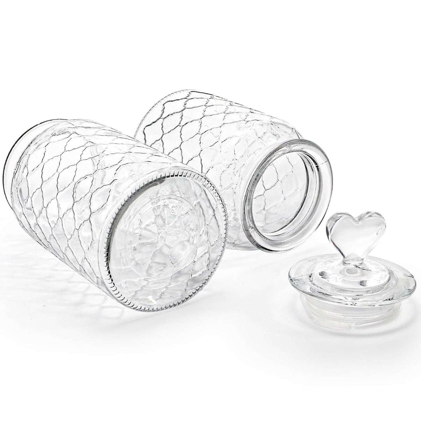 Hiceeden Set of 3 Cute Glass Jars with Airtight Lids, Candy & Cookie Food Storage Containers with Heart-shaped Handle, Glass Canister with Grid Texture for Coffee Beans, Flour, Sugar, 22/32/45oz