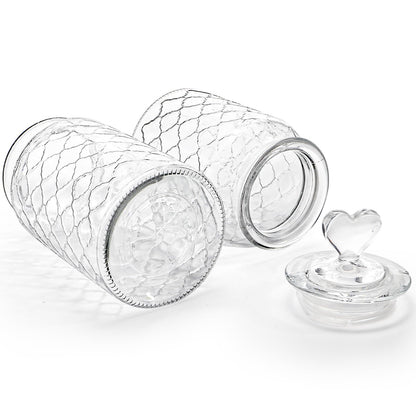 Hiceeden Set of 3 Cute Glass Jars with Airtight Lids, Candy & Cookie Food Storage Containers with Heart-shaped Handle, Glass Canister with Grid Texture for Coffee Beans, Flour, Sugar, 22/32/45oz