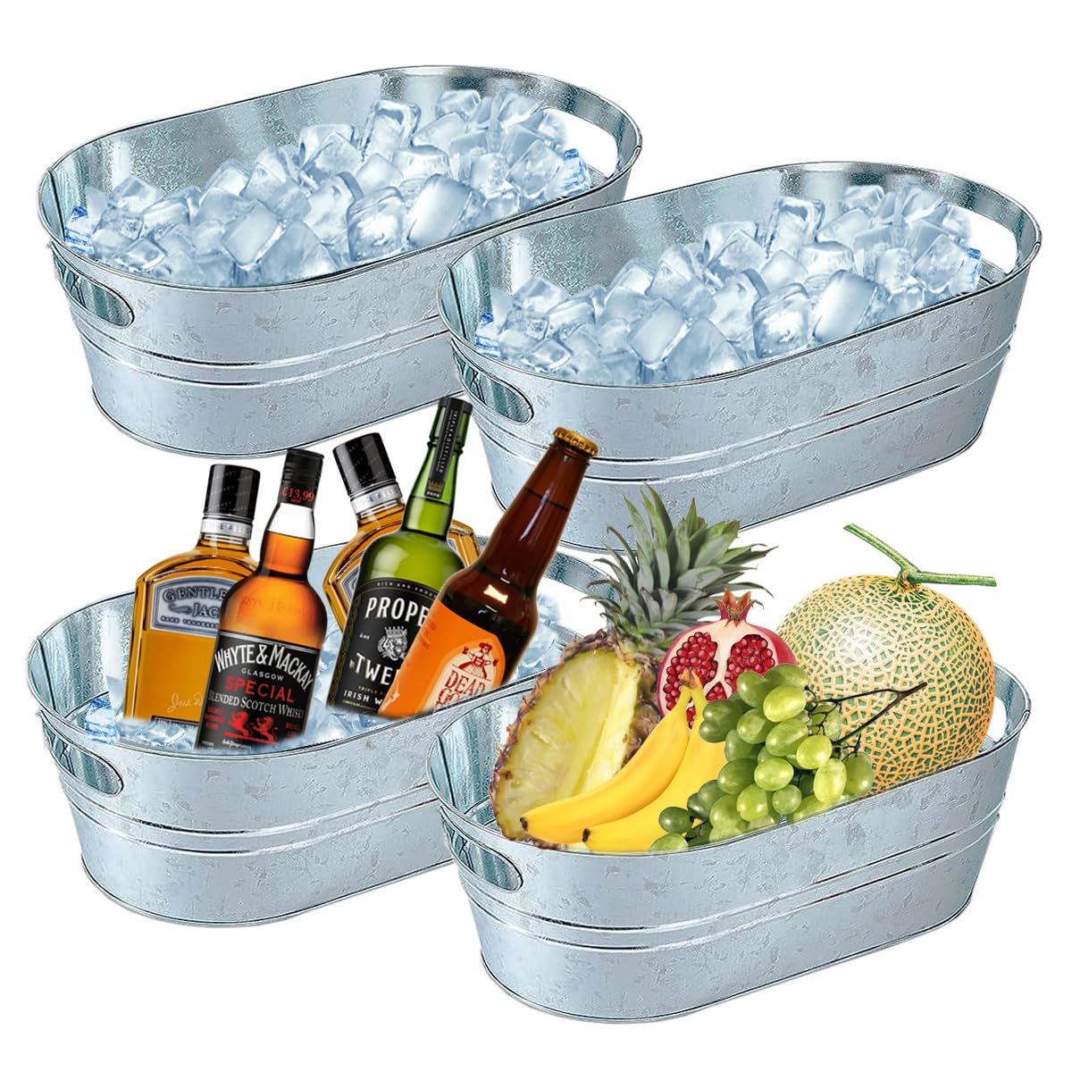 4 Pack Galvanized Tub 3.1 Gallon Ice Bucket Large Metal Drink Buckets for Parties Beer Beverage Tub with Carry Handles for Champagne Cocktails Wine Cooling for Mimosa Bar Supplies