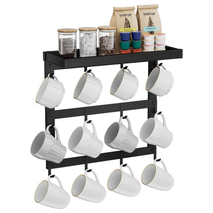 SZUGCOTD Coffee Mug Rack Wall Mounted, Rustic Metal Mug Holder Organizer with 12 Hooks and Top Shelf Cup Storage Rack for Home Kitchen Coffee Bar Station Mug Display and Collection