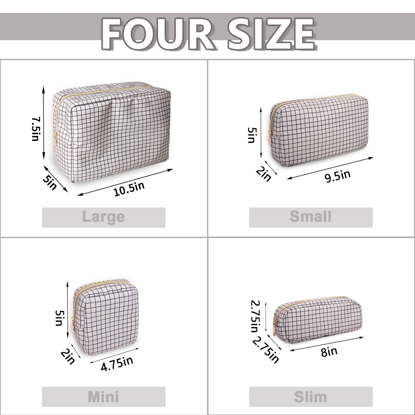 Small Pencil Case Makeup Bag for Purse, Cute Pencil Pouch Nylon Preppy Checkered Makeup Brush Bag with Zipper, Girls Portable Stationery Storage Case Small Pen Bag for Office School(Slim-Checkered)