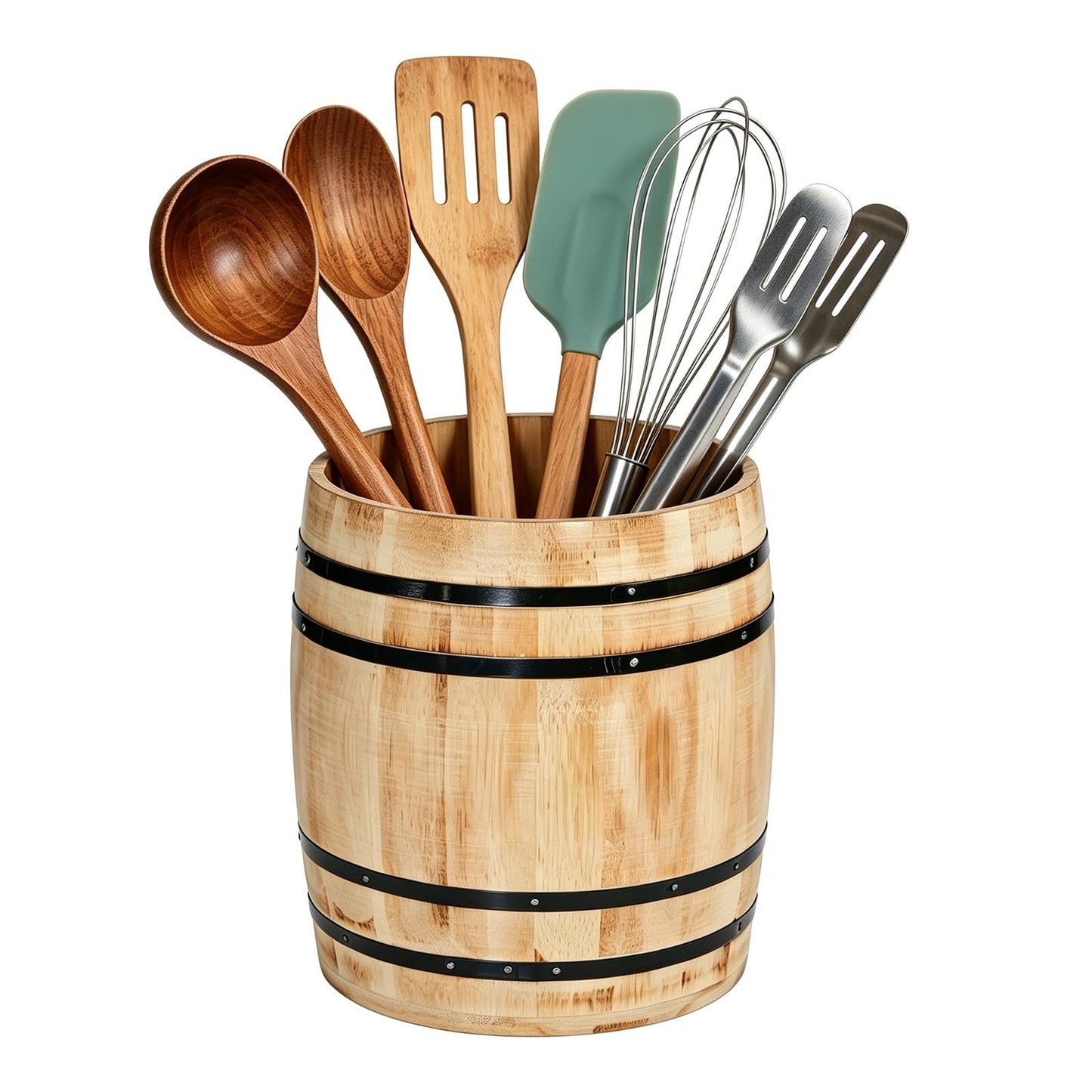 Catheralysia Light Brown Wooden Utensil Holder, Solid Wood Barrel Shaped Kitchen Utensil Crock, Farmhouse Style Kitchen Storage Bucket, Countertop Cooking Tool Organizer for Home Decor & Gift