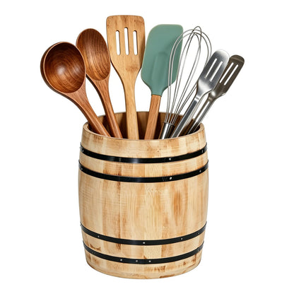 Catheralysia Light Brown Wooden Utensil Holder, Solid Wood Barrel Shaped Kitchen Utensil Crock, Farmhouse Style Kitchen Storage Bucket, Countertop Cooking Tool Organizer for Home Decor & Gift