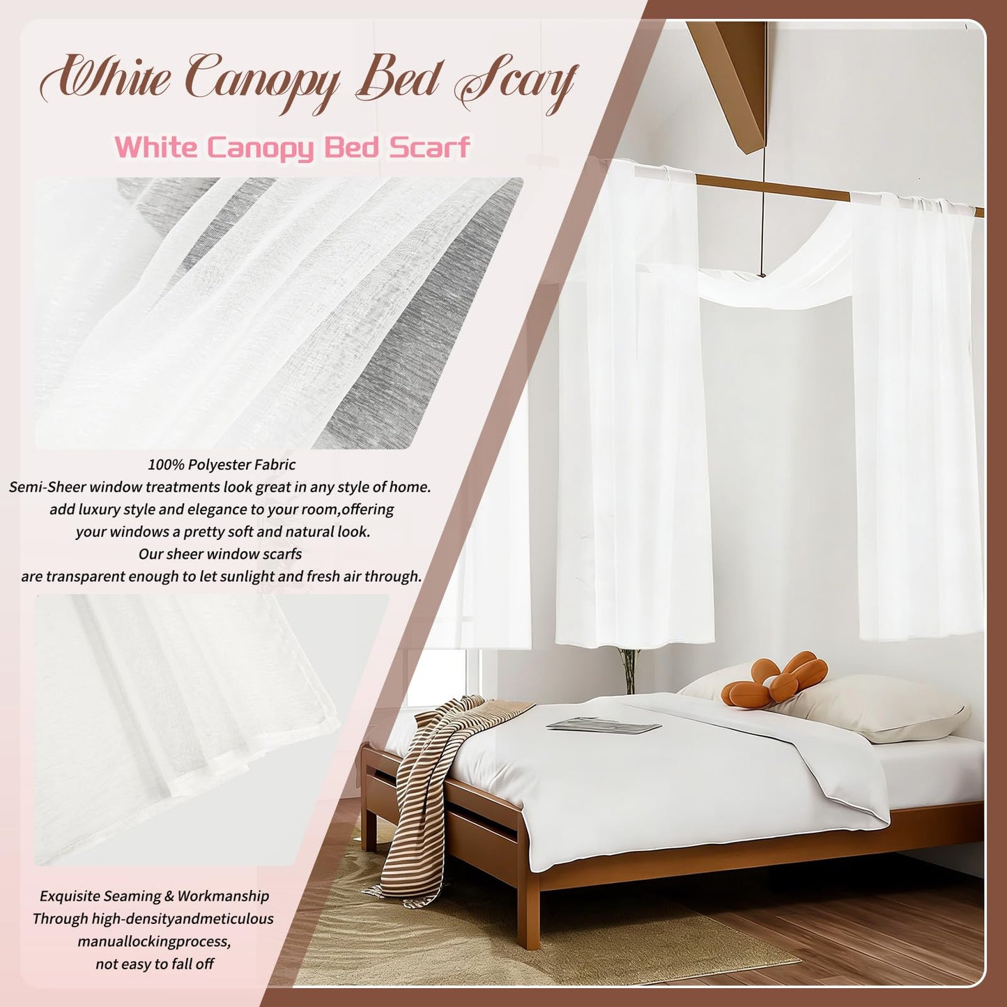 Showgeous 2 Panels White Window Scarf Valance Sheer Canopy Bed Curtains 52" X 144" Extra Long Topper Window Treatment Elegant Curtain Scarves Soft Voile Swag Curtain Drapes for Wedding Arch Home Decor