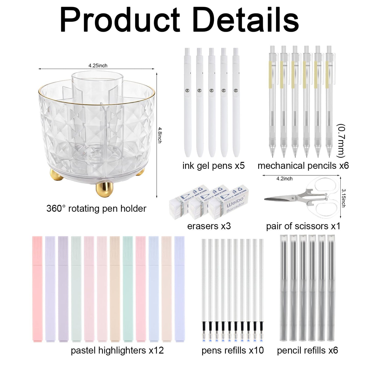 Eersida 44 Pcs Aesthetic School Supplies with 360° Rotating Pen Organizer, Office Supplies, 12 Highlighters, 5 Ink Gel Pens, 6 Mechanical Pencils Set for Stationary Office Desk Accessories(Clear)