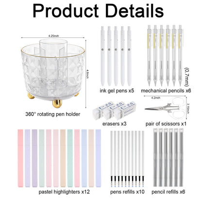 Eersida 44 Pcs Aesthetic School Supplies with 360° Rotating Pen Organizer, Office Supplies, 12 Highlighters, 5 Ink Gel Pens, 6 Mechanical Pencils Set for Stationary Office Desk Accessories(Clear)