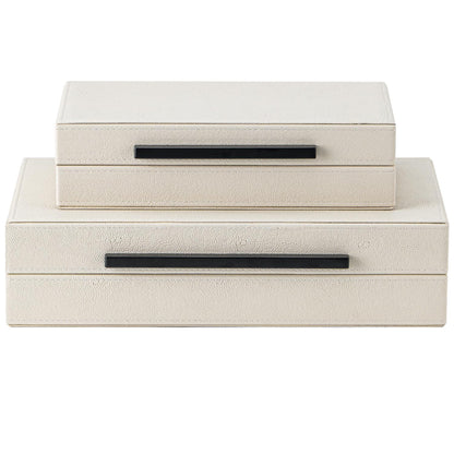 Set of 2 Beige Shagreen Decorative Storage Boxes with Black Metal Handles – Faux Leather Jewelry & Memory Boxes, Nesting Photo Organizers for Home Decor