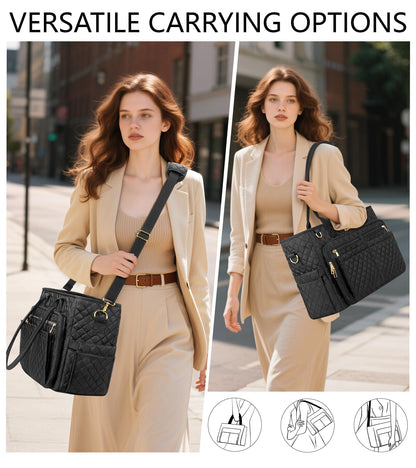 Teacher Tote Bags for Women, 15.6 inch Laptop Work Tote Nurse Bible Bag With Large Cup Holder & Insulated Pocket Quilted Shoulder Handbag Laptop Briefcase for Work, Daily, School, Travel, Gifts