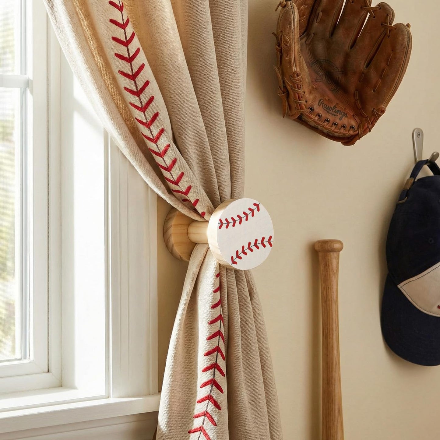 Geelin 2 Pack Baseball Curtain Holdbacks Wooden Curtain Tiebacks Wall Mounted with Screws Decorative Drapes Holders Stylish Black Drapes Tieback Hooks for Home Office