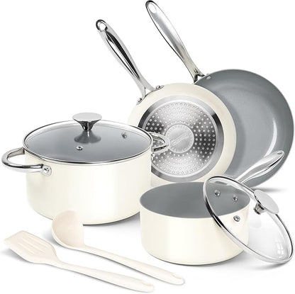 MICHELANGELO Pots and Pans Set Non Stick 8 Piece Ceramic Cookware Set Cream | PFAS-Free Cream Ceramic Nonstick Cookware Set for Eggs, Pancakes, Sauces, Low-Oil Cooking and Induction Ready, Fast Cleanup